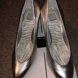 Metallic Silver Platinum Almond Toe Pumps